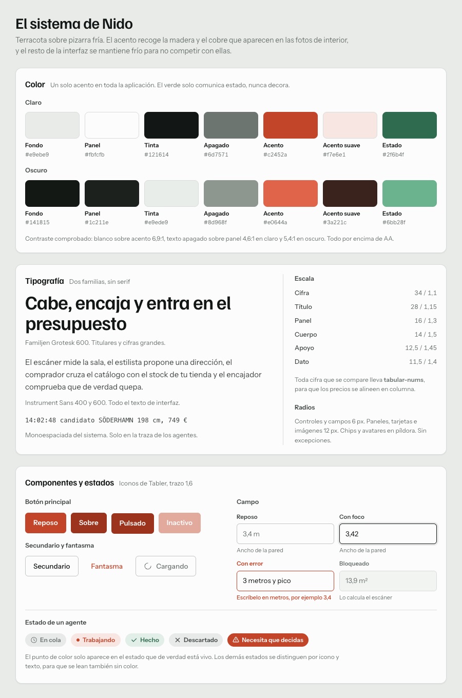 Sistema de diseño de Nido: paleta clara y oscura, tipografía, escala, radios y estados de componentes