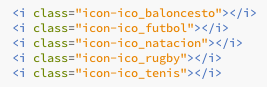 Código html aplicando clases css de los iconos