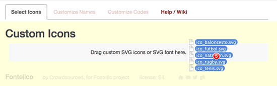 Fontello - Zona drag & drop de iconos svg