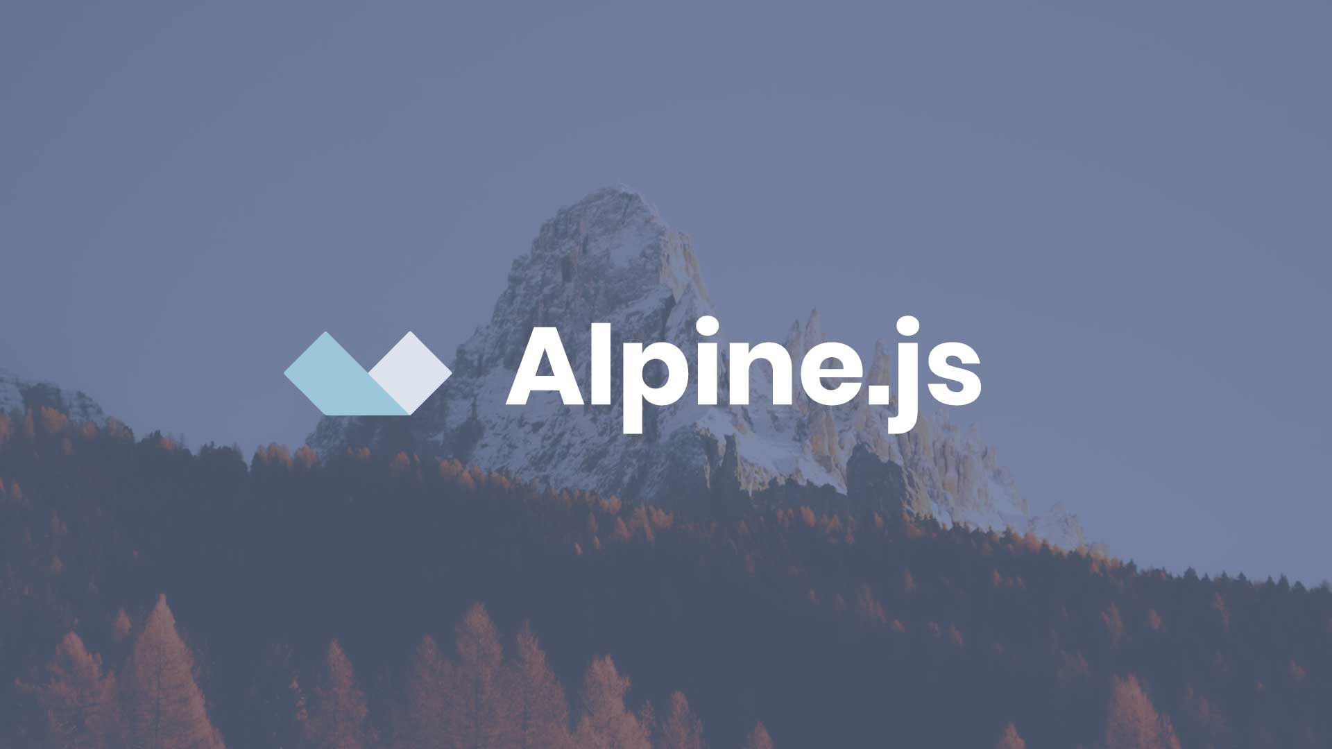 Logo Alpine.js sobre imagen de los Alpes