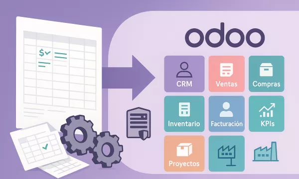 Transición de hojas de cálculo a Odoo: una flecha lleva de un Excel con engranajes a un panel con módulos (CRM, Ventas, Compras, Inventario, Facturación, KPIs, Proyectos).
