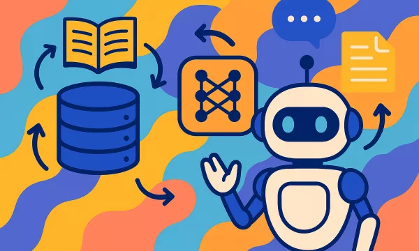 Ilustración de un robot de IA conectado a una base de datos, documentos y una red neuronal, representando los conceptos RAG y CAG en LLMs.